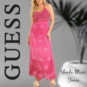 GUESS Vanda Crochet Bustier Embroidered Sheer Silk Skirt Maxi Dress NWT/MD